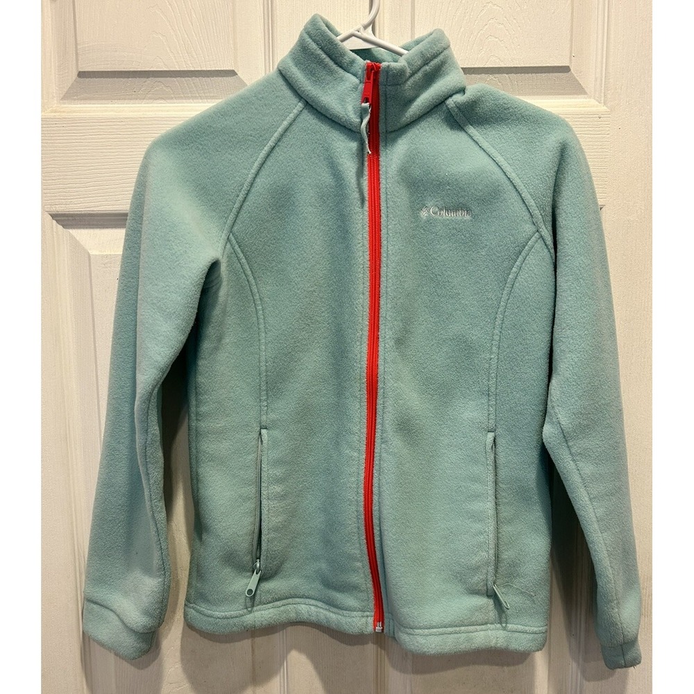 Columbia Benton Springs Kids Large Full Zip Fleece Jacket Aqua Blue Coral Red‎